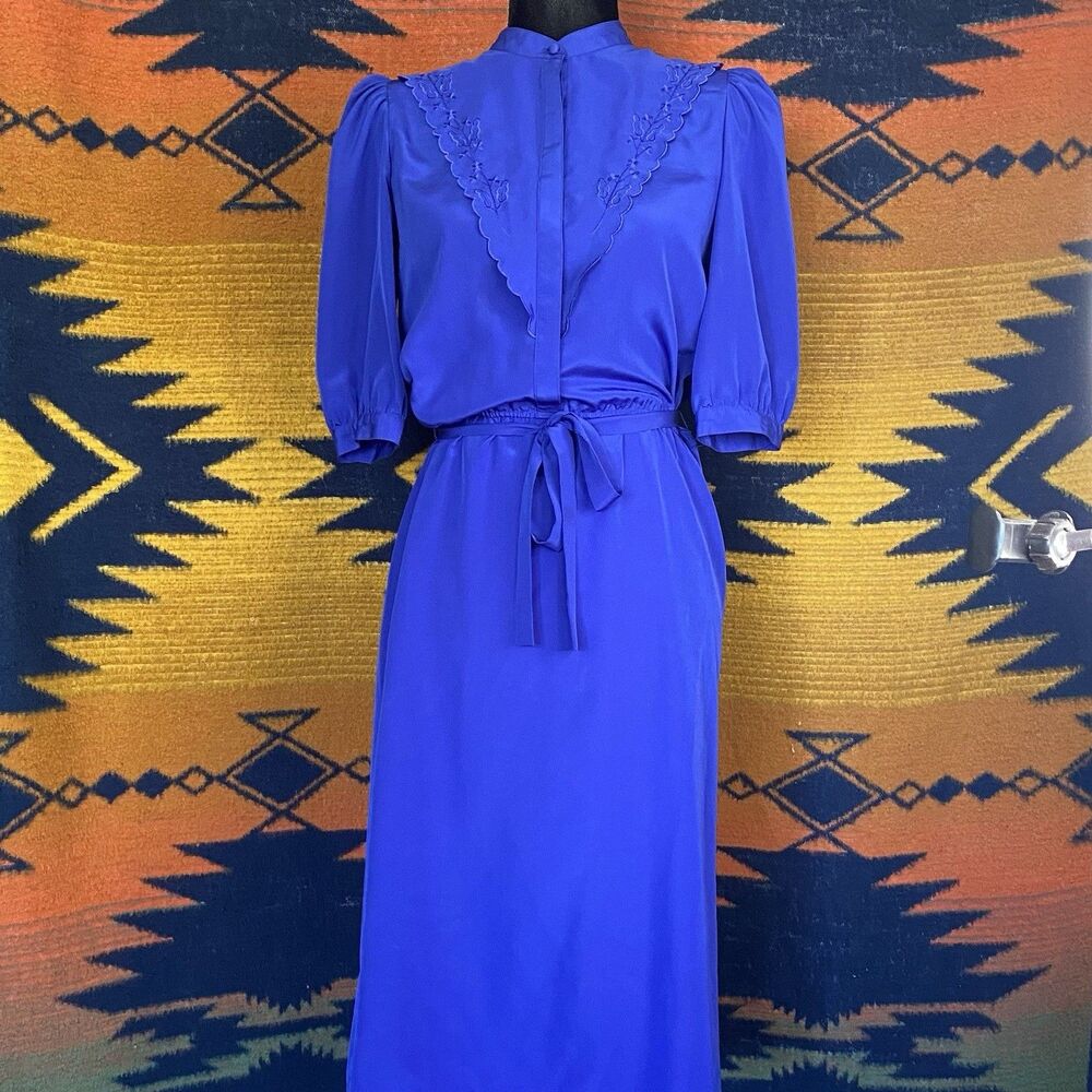 Vintage Ophelia Royal Blue Button Top Midi Dress. Belt. 3/4 Sleeves. Small. Rare